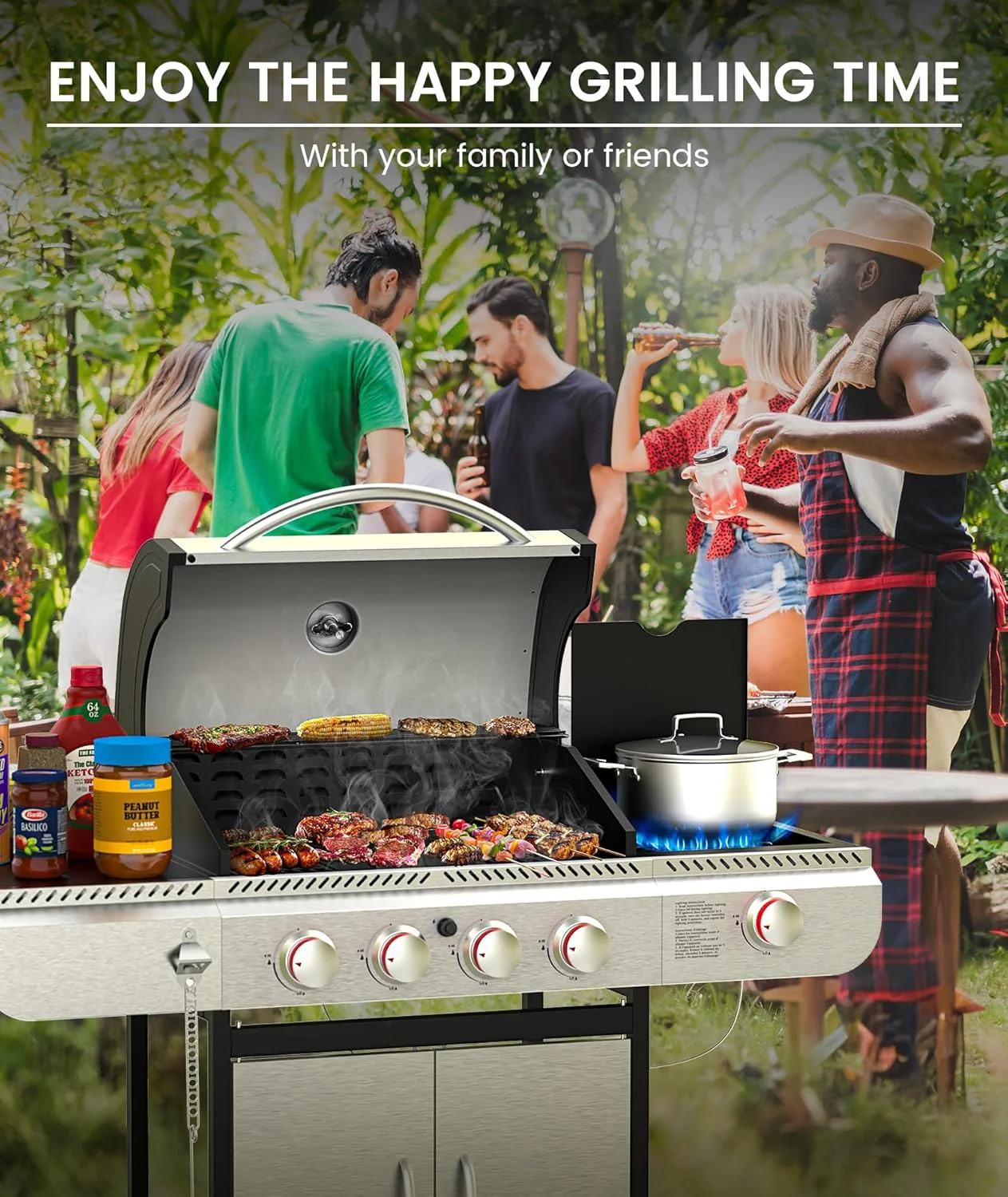 4-Burner Propane Gas Grill with Porcelain-Enameled Cast Iron Grates and Side Burne G0141A