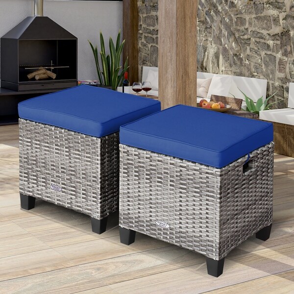 Costway 2PCS Patio Rattan Cushioned Ottoman Seat Foot Rest Table