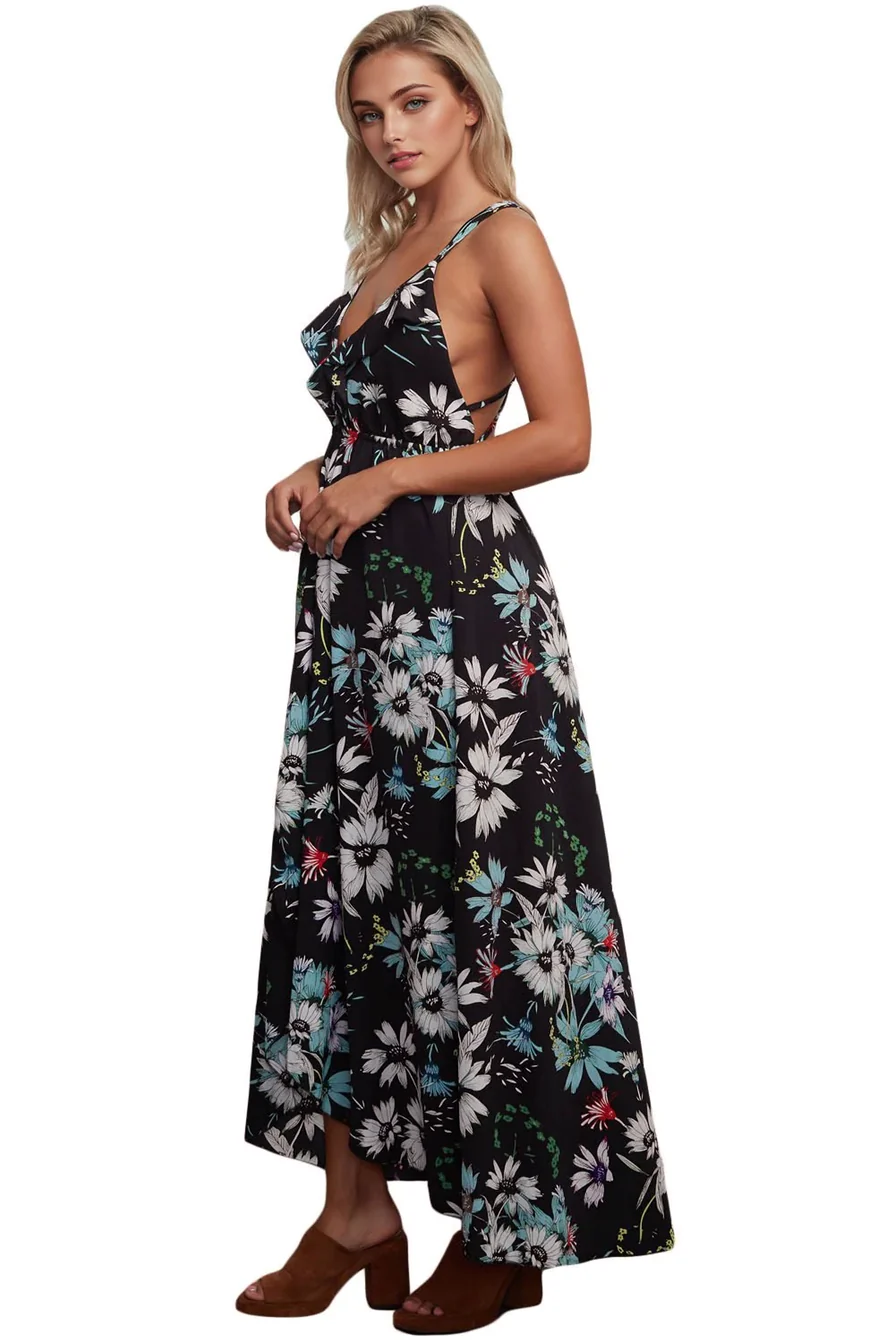 Floral Maxi Dress with Plunging Neckline & Criss-Cross BackClistos