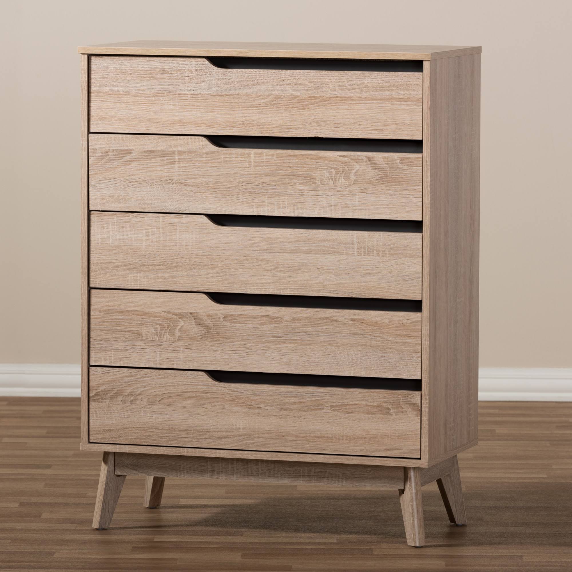 Baxton Studio Fella 5-Drawer Chest, Oak Brown/Grey