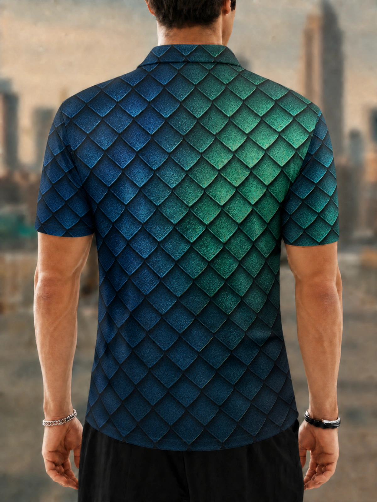 Moisture Wicking Golf Polo 3D Gradient Dragon Scale Texture Button Short Sleeve Golf Polo Shirt