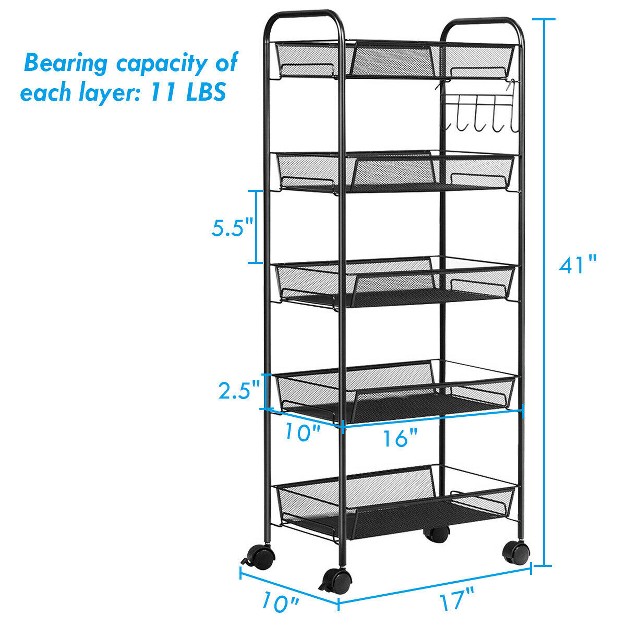 Costway 5 Tier Mesh Rolling File Utility Cart Storage Basket Home Office Kitchen Black