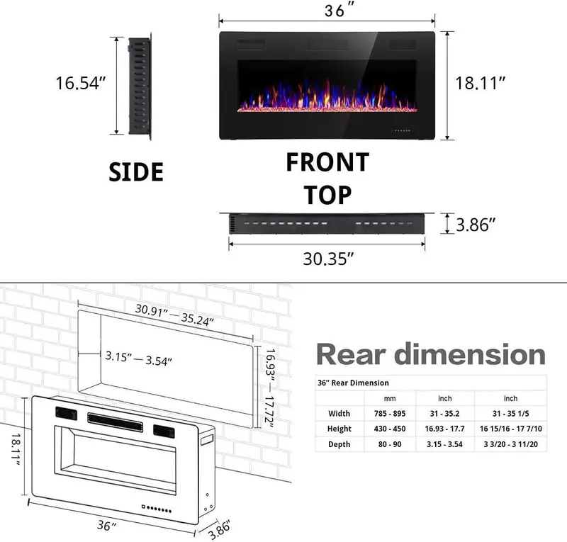 R.W. FLAME 60″ Recessed Electric Fireplace – Wall-Mounted Low-Noise Heater with Touch Screen, Flame Customization & Remote Timer