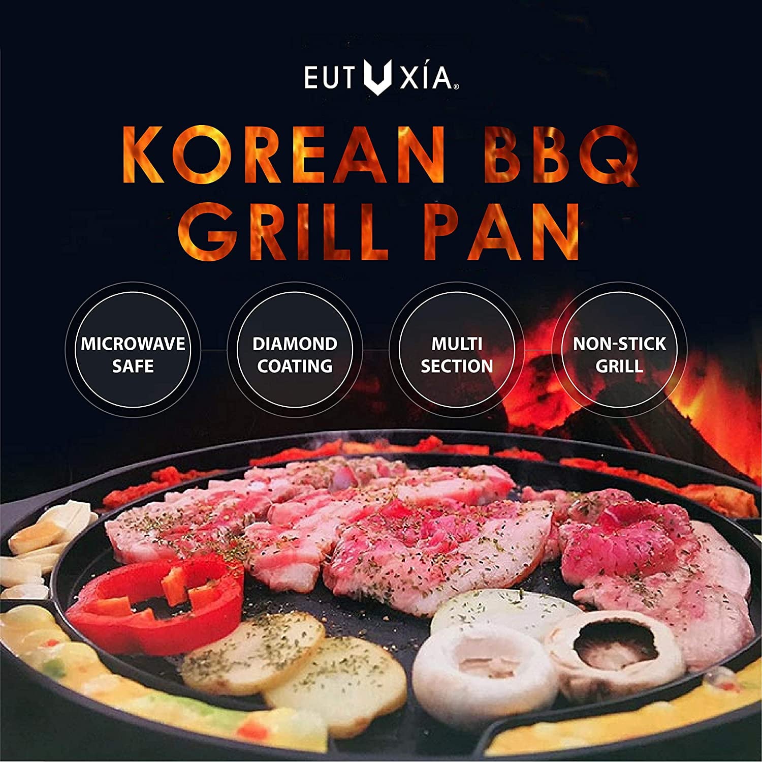 Eutuxia Master Grill Pan for Korean BBQ, Cast Iron Stovetop Nonstick Smokeless Scratch-Resistant, Perfect for Grilling Vegetable Egg Pork Beef Meat Garlic Cheese Kimchi and More, Made in Korea, 15 inch