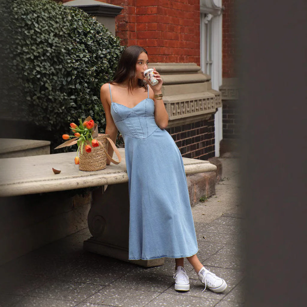 Spaghetti Strap Denim Midi DressClistos