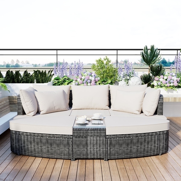 6Piece Patio Outdoor Conversation Sets Round Sectional Sofa,AllWeather PE Wicker Rattan Separate Seating Group with Table
