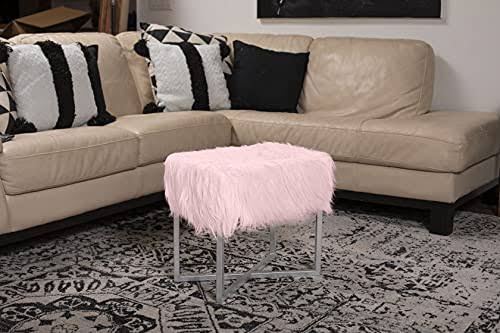Birdrock Home Rectangular Pink Faux Fur Foot Stool Ottoman with White