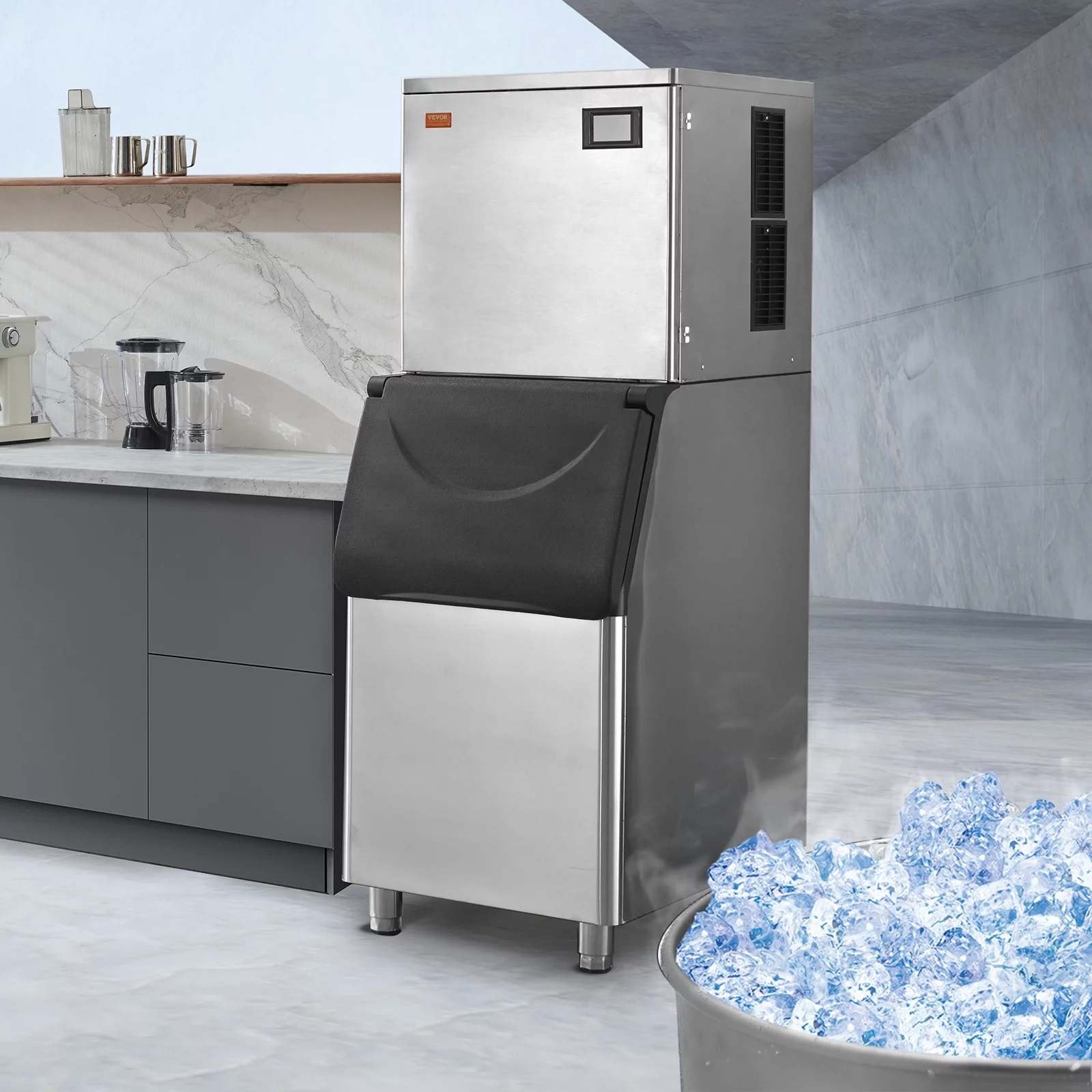 BENTISM Commercial Ice Maker 450LBS/24H & 330.7LBS Storage Bin Auto Self-Cleaning