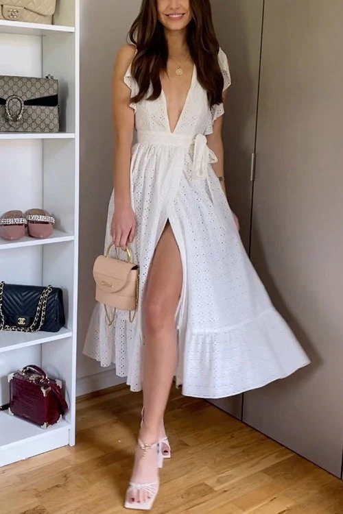 Crochet Midi Dress with Ruffle SlitClistos