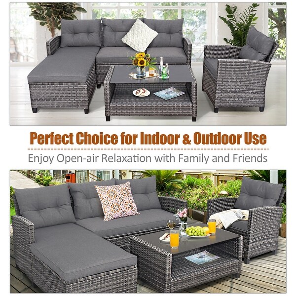 Costway 4PCS Patio Rattan Furniture Set Cushioned Loveseat Table Shelf