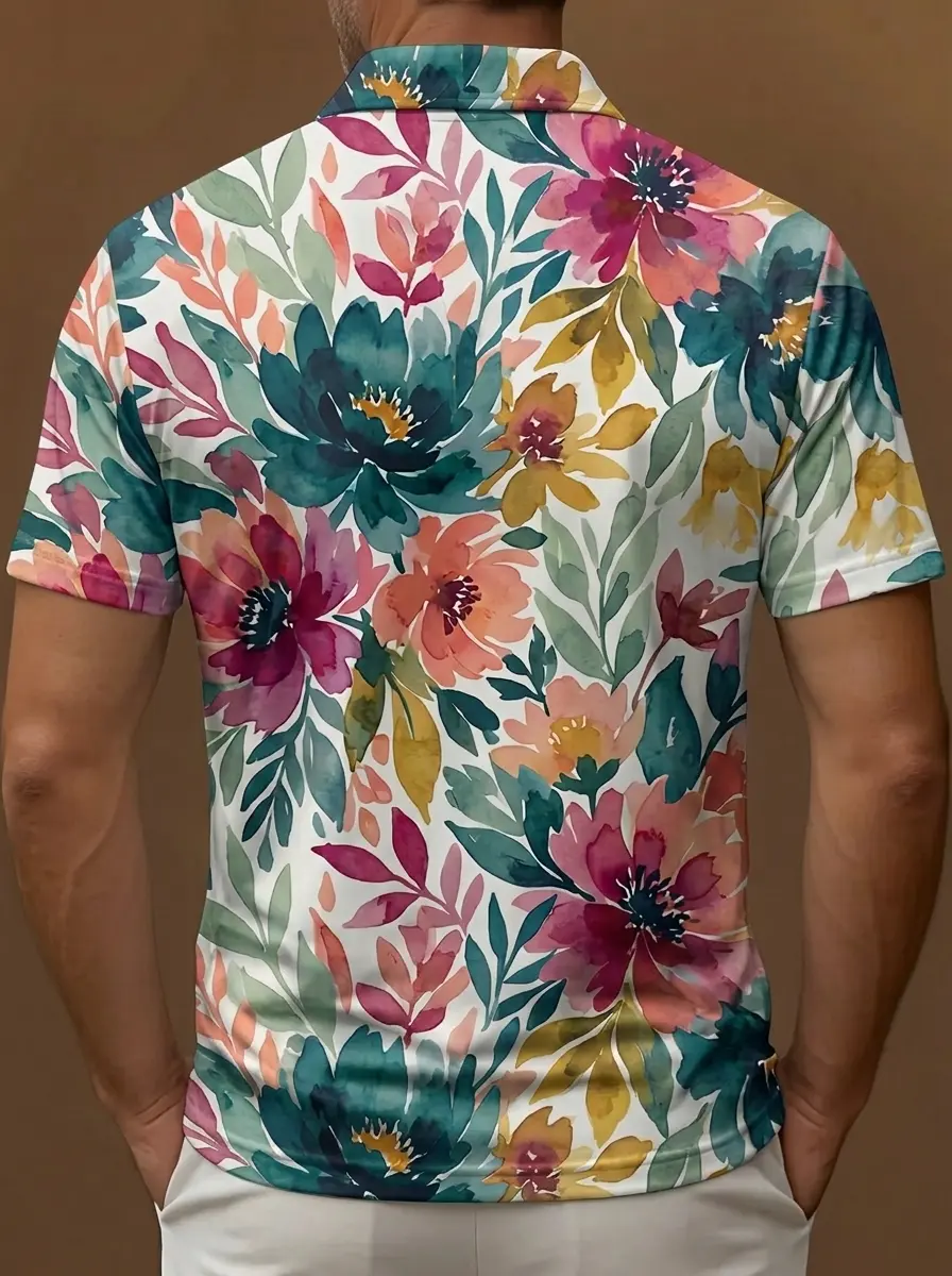 Multicolor Watercolor Floral Print Short Sleeve Golf Polo Shirt