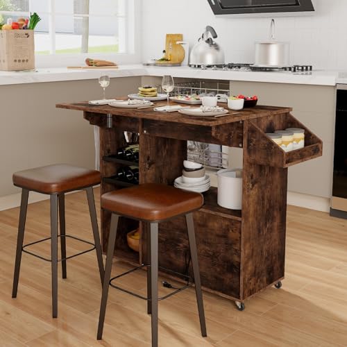 Giantex Rolling Kitchen Island Cart with Drop Leaf, Power Outlet, Spice Rack, 12 Wine Rack, Glass Holder, Drawer, Storage Cabinet, Towel Rack, Island Table for Breakfast Coffee Bar (White & Natural)