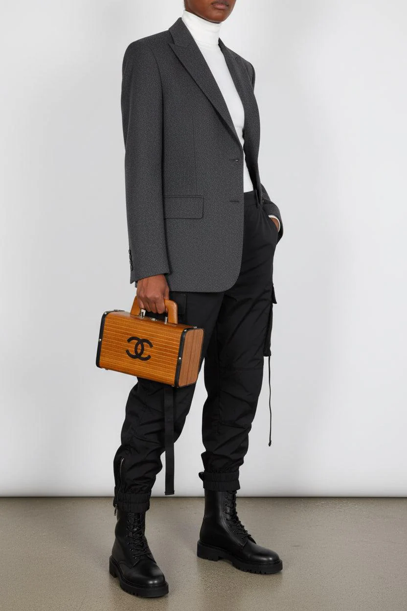 Chanel Wood Vanity Box Bag Brown Wood Black Leather Silver-Tone Hardware