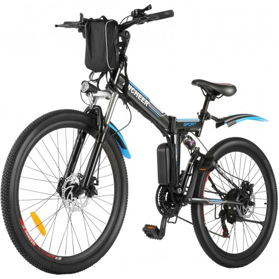 26” Folding Electric Bike, Commuting Ebike Electric Mountain Bike with 36V 8Ah Lithium-Ion Battery, Premium Full Suspension and 21 Speed Gears
