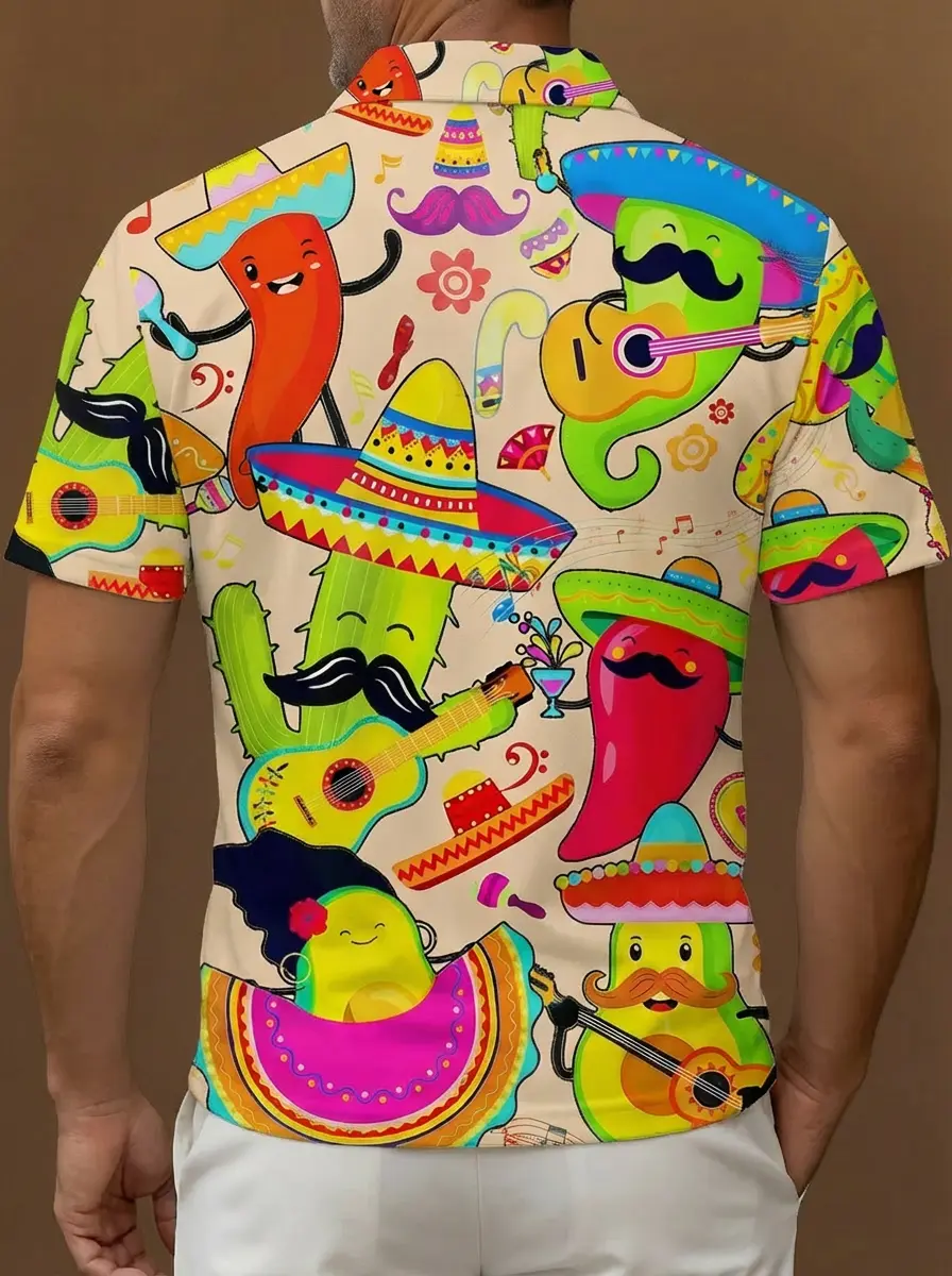 Beige Multicolor Mexican Fiesta Pattern Button Short Sleeve Golf Polo Shirt