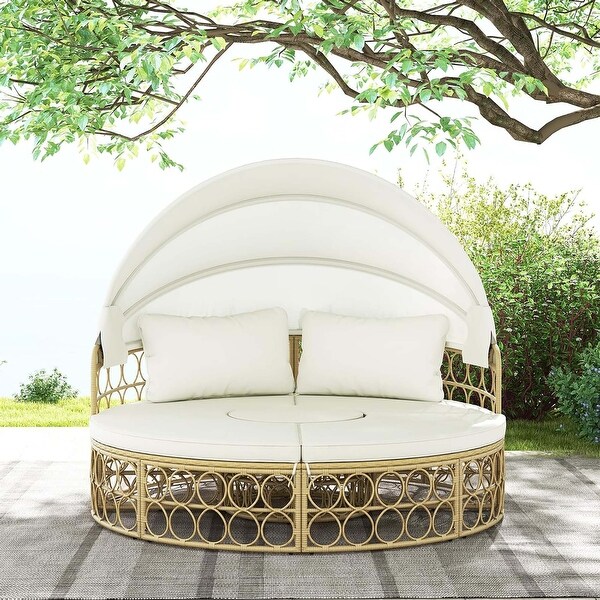 Patio Round Daybed Sectional Seating Furniture W/Retractable Canopy