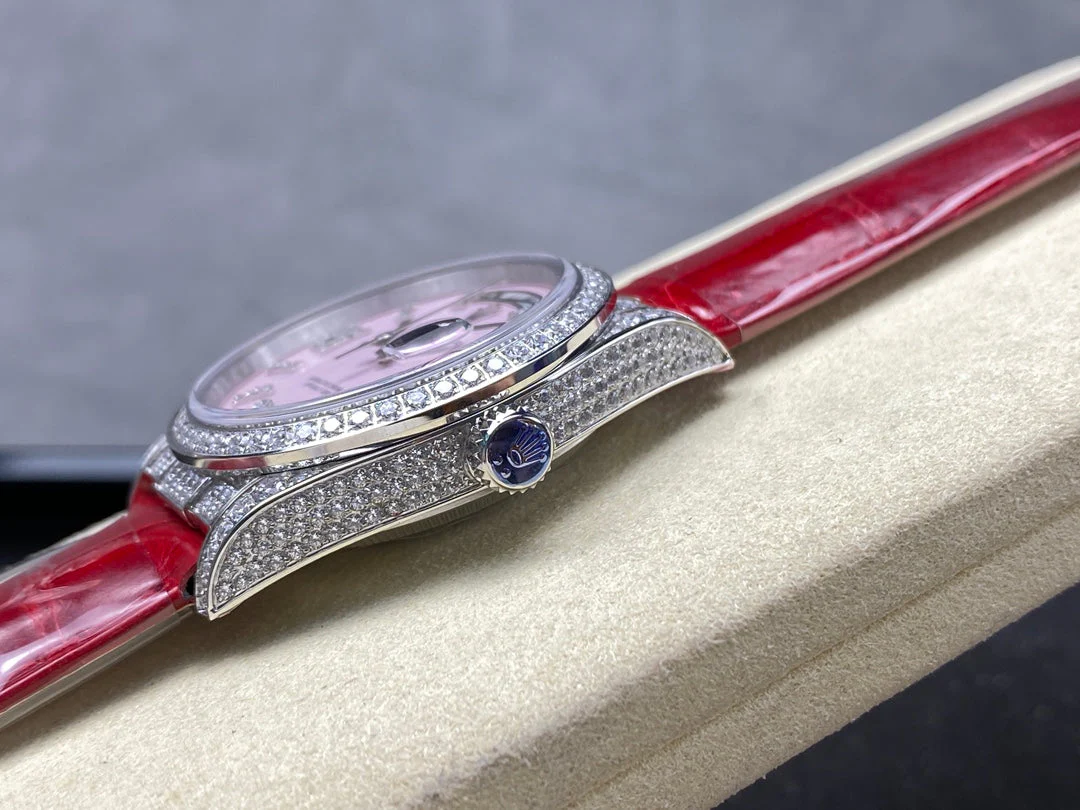 ROLEX Day-Date 36mm Diamond Red Leather Pink Dial