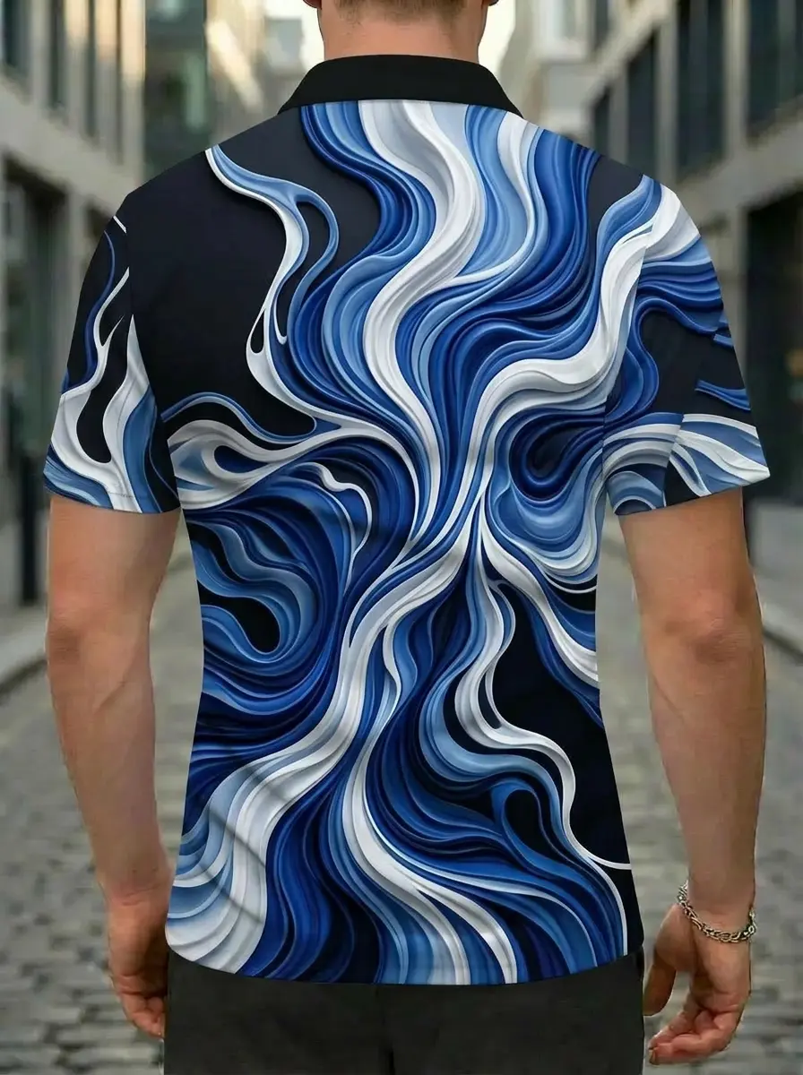 Moisture Wicking Golf Polo 3D Blue Black White Swirl Wave Button Short Sleeve Golf Polo Shirt