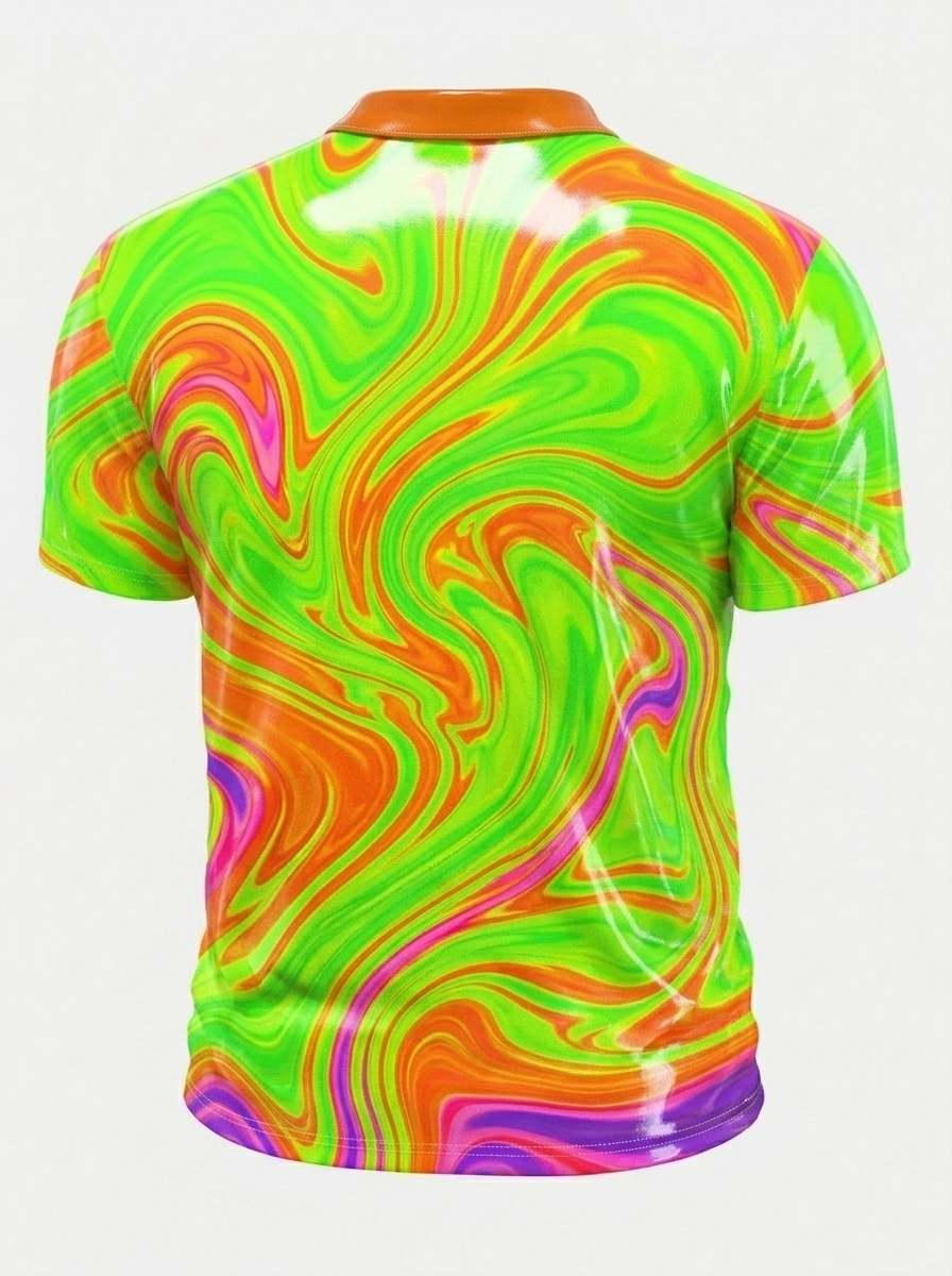 Moisture Wicking Golf Polo 3D Green Orange Swirl Liquid Button Short Sleeve Golf Polo Shirt