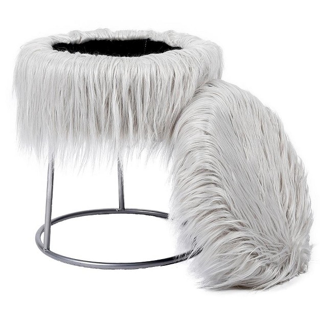Birdrock Home Round Grey Faux Fur Foot Stool Storage Ottoman With Silver Legs