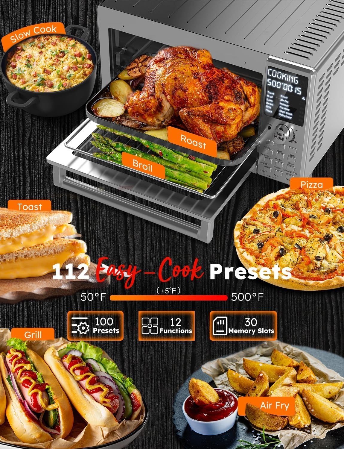 30QT 12-in-1 Air Fryer Grill Oven, 2025 Ultra-Fast Convection, 142 Presets, Smart Probe, PFAS-Free, Brushed Stainless Steel