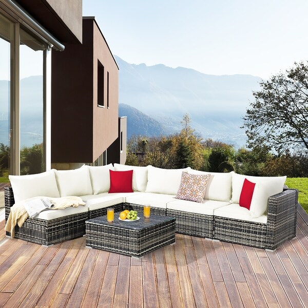 7PCS Patio Rattan Furniture Set Sectional Sofa Garden Cushion