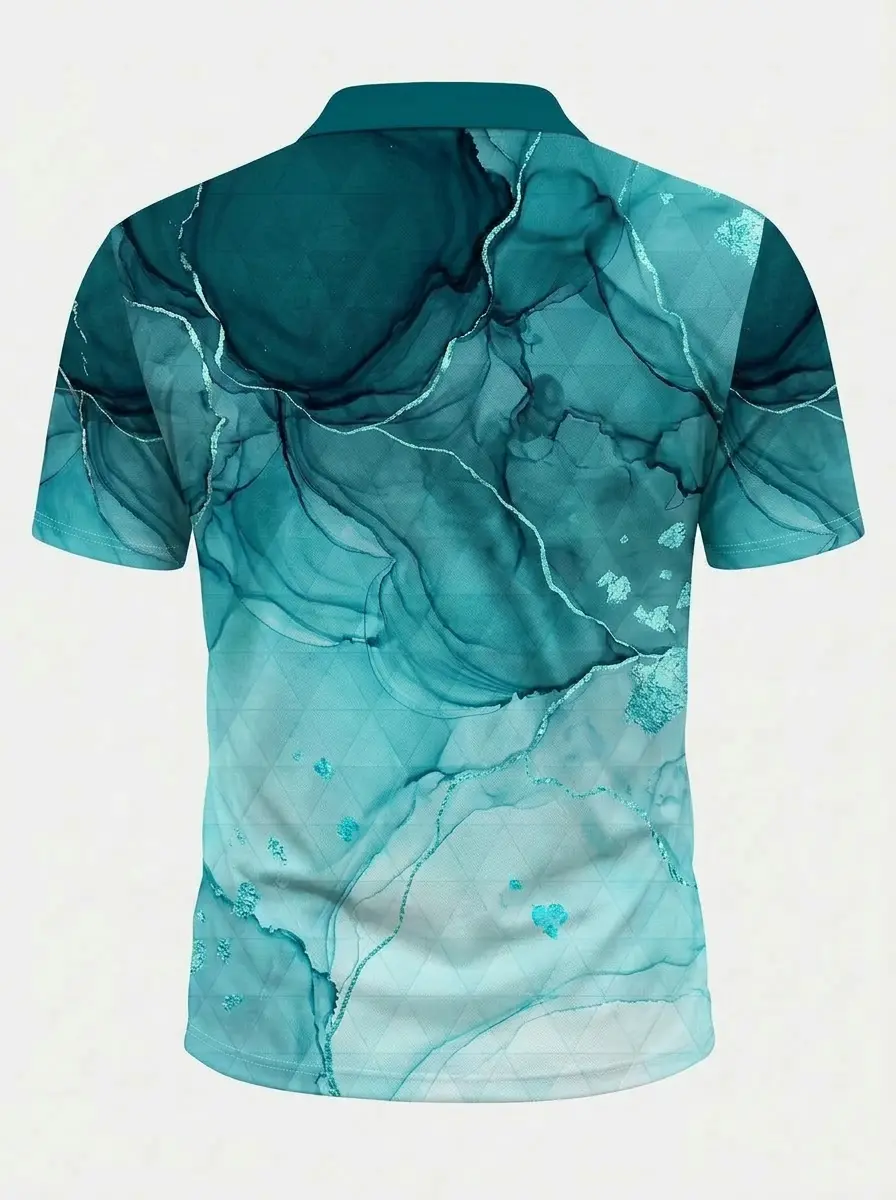 Moisture Wicking Golf Polo 3D Teal Blue Watercolor Texture Button Short Sleeve Golf Polo Shirt