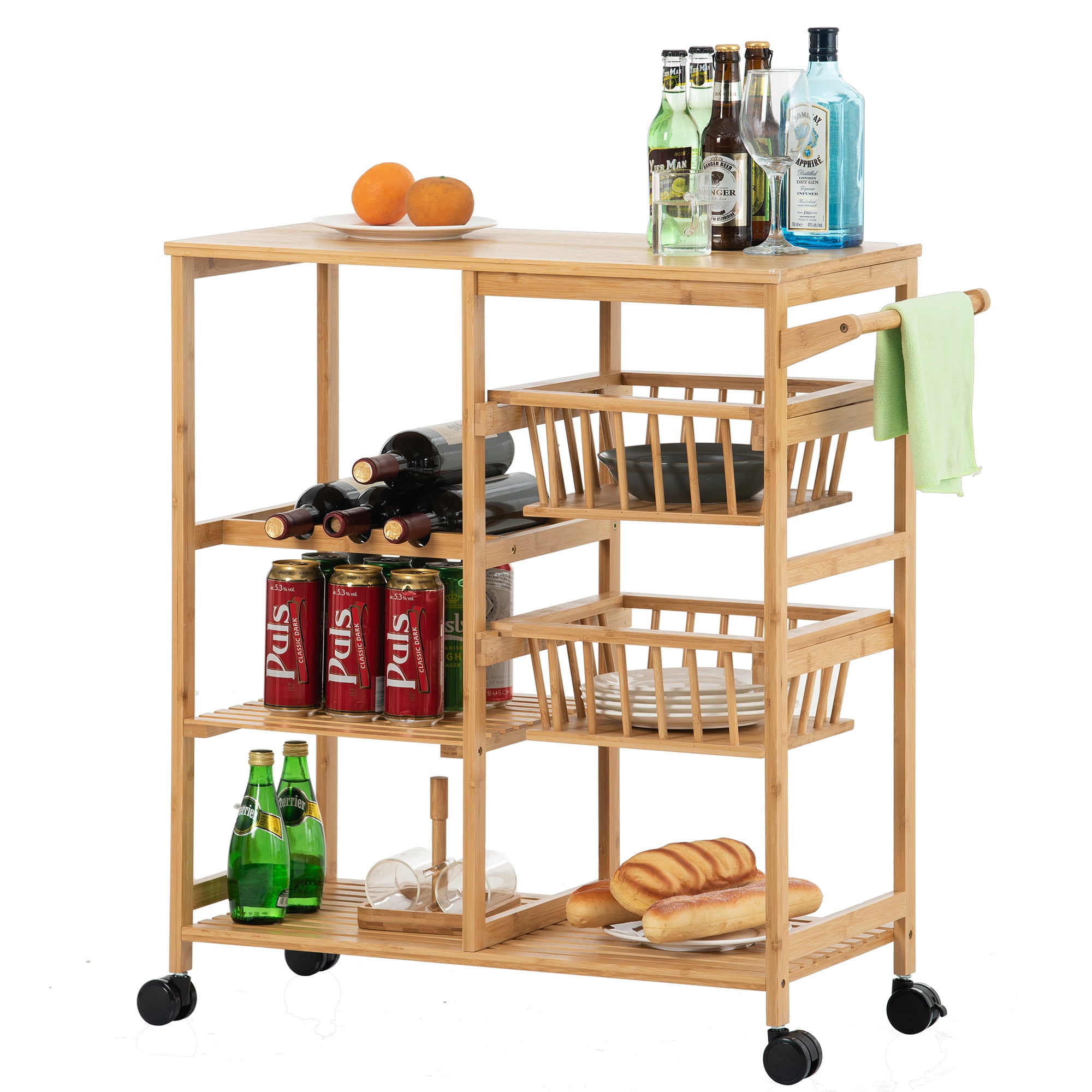 Bamboo Dining Cart, Kitchen Island Cart with Wood Tabletop, 4-Tier Rolling Storage Cart on Wheels, with Open Shelves and Basket Drawers for Home, Dining Room, Office, Restaurant, Hotel, L0485