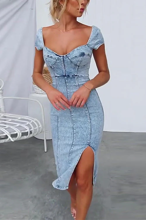 High Waist Denim Corset Dress with SlitClistos