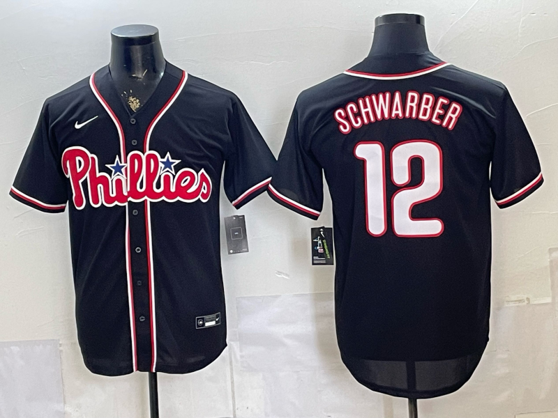 Men's Philadelphia Phillies Kyle Schwarber #12 Fashion Replica Black Out Jersey
