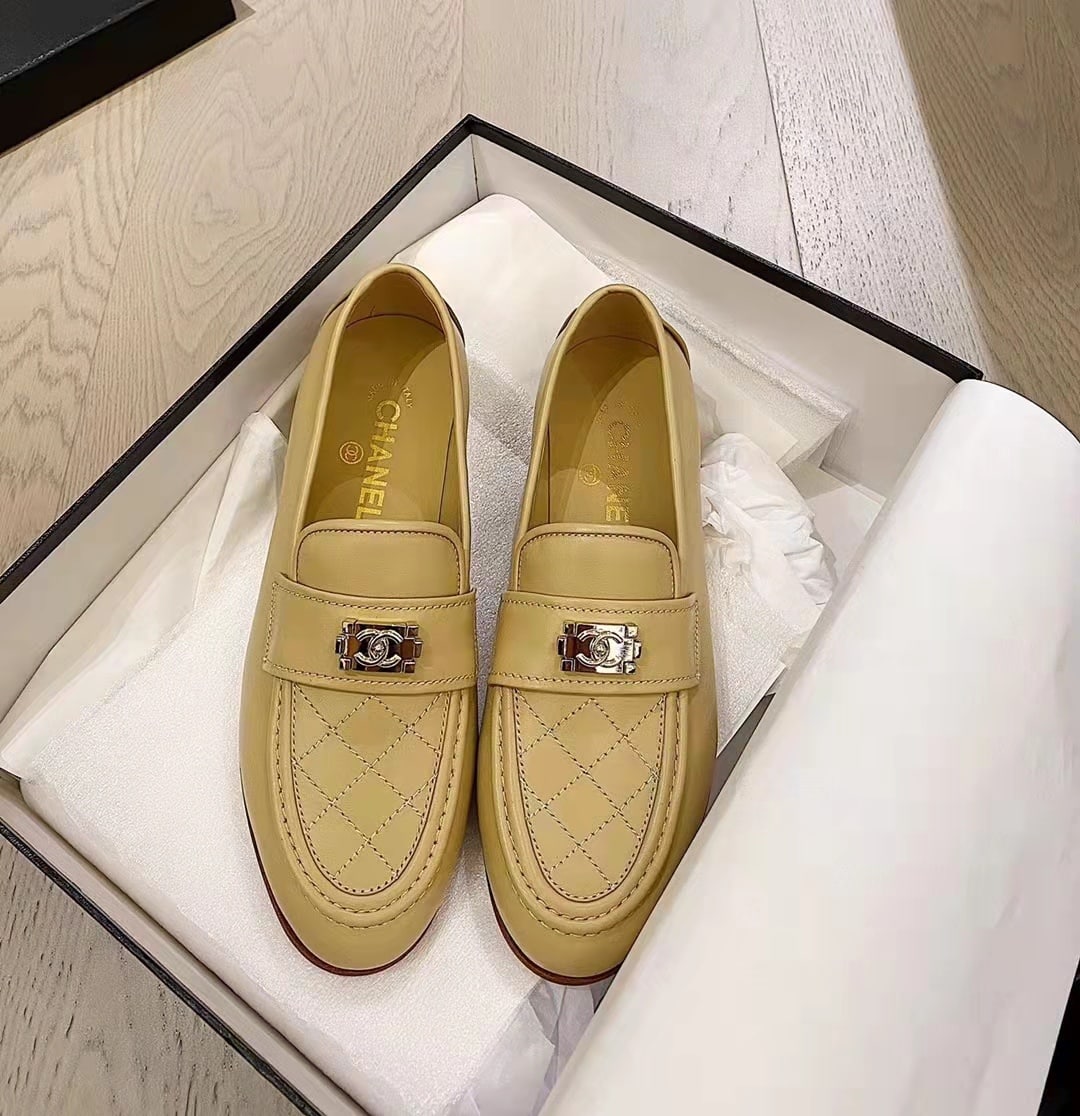 Chanel 20B Quilted Boy Lego Metal Logo Gold Mule Slip On Flat Loafers Beige