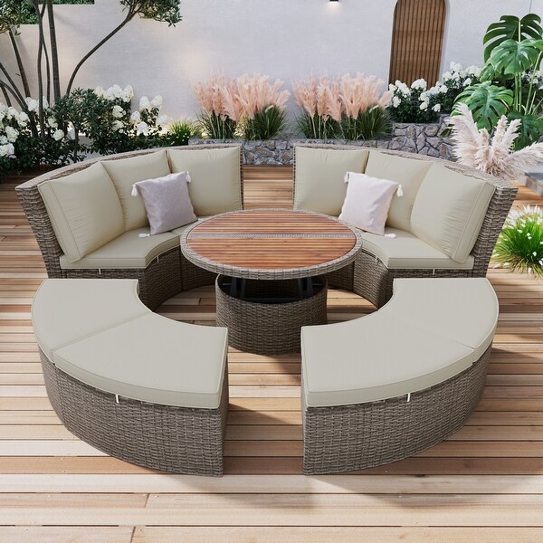 Round Sectional Sofa Set of 5 w/ Liftable Table and Grey Cushions