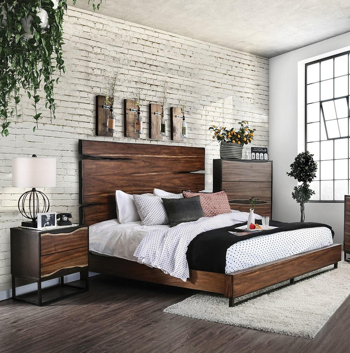 Rustic Dark Walnut & Dark Oak Solid Wood CAL Bedroom Set 3pcs FOA CM7363 Fulton
