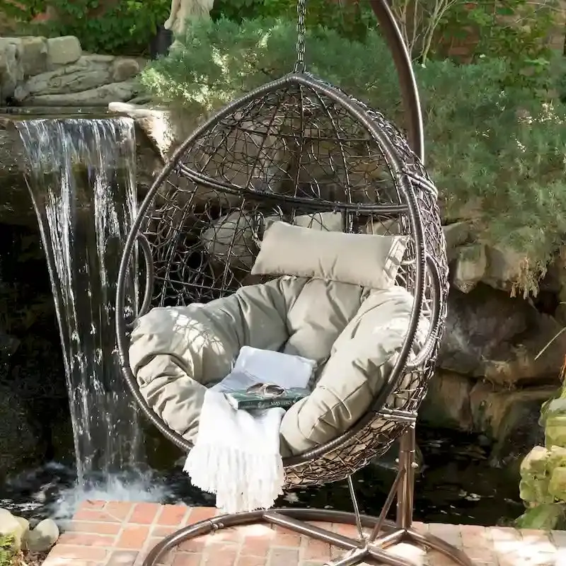 Waterproof Wicker Hanging Basket Chair – Hammock-Style Seat with Cushions, 300 lb Weight Limit