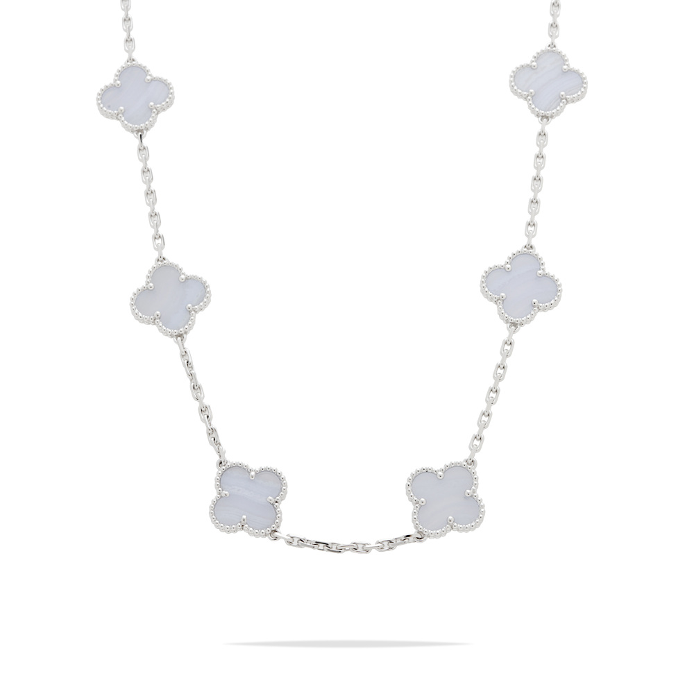 Van Cleef & Arpels Vintage Alhambra 20 Motifs Necklace 18K White Gold Chalcedony VCARD80900
