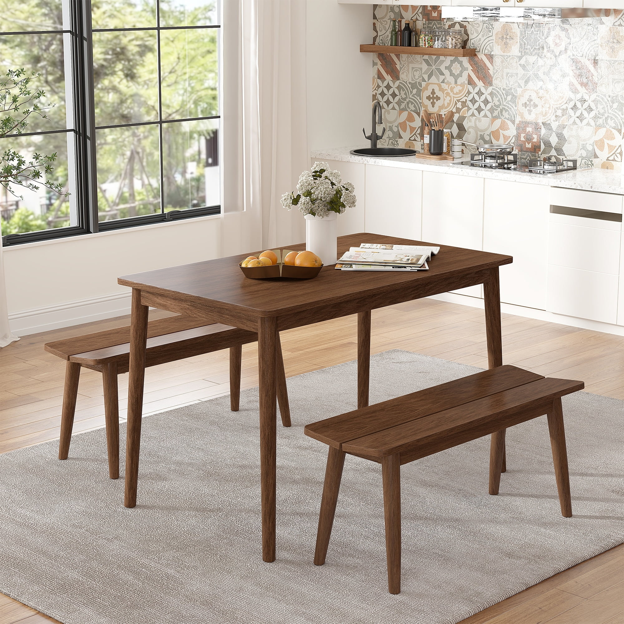 3pcs Wooden Dining Table Set with 2 Benches
