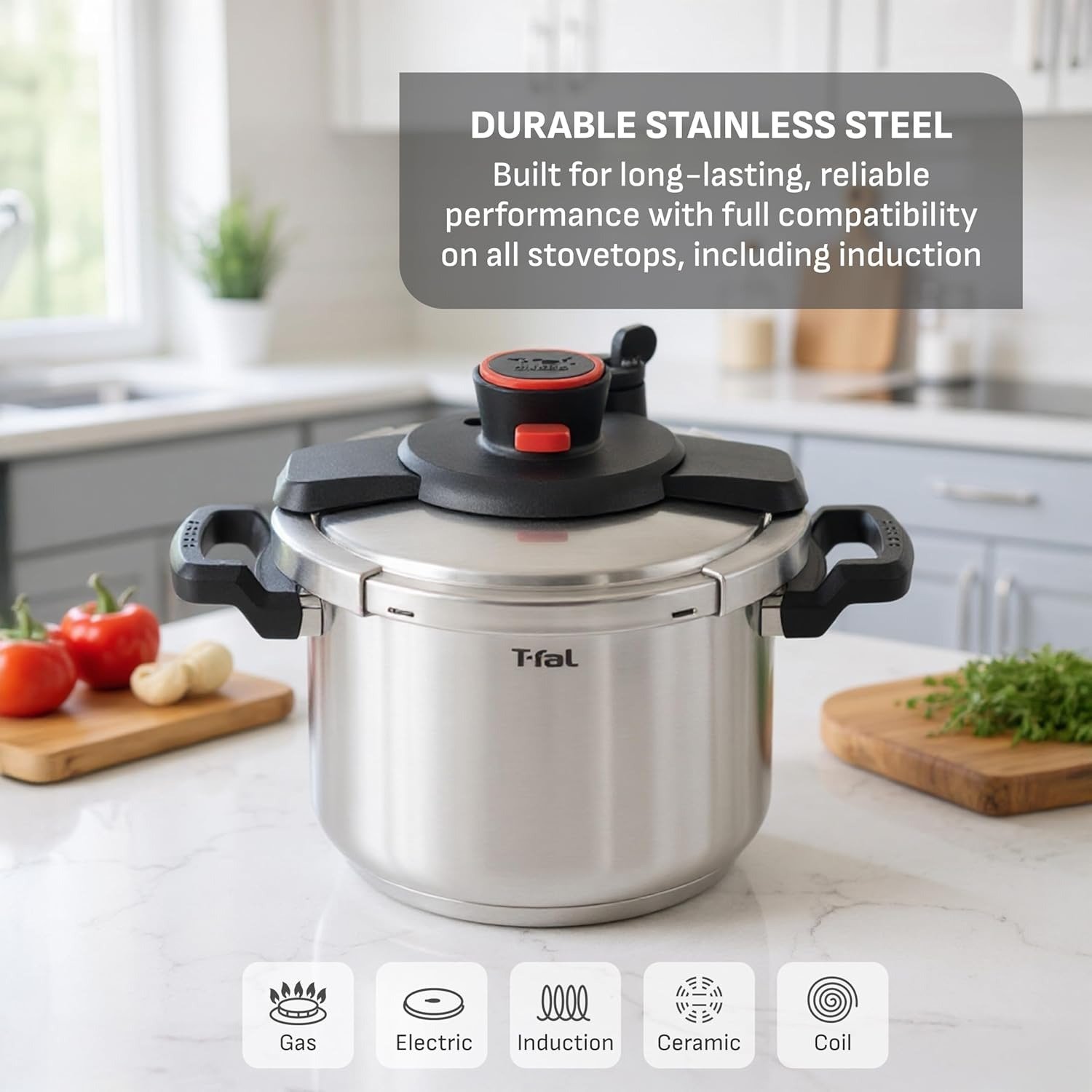 Stainless Steel Pressure Cooker, 6.3 Quart, Recipe Book, Steam Basket, Easy-Open Lid, Secure Locking System, Adjustable Pressure Valve, Induction Cookware, Pots and Pans, Kitchen, Silver