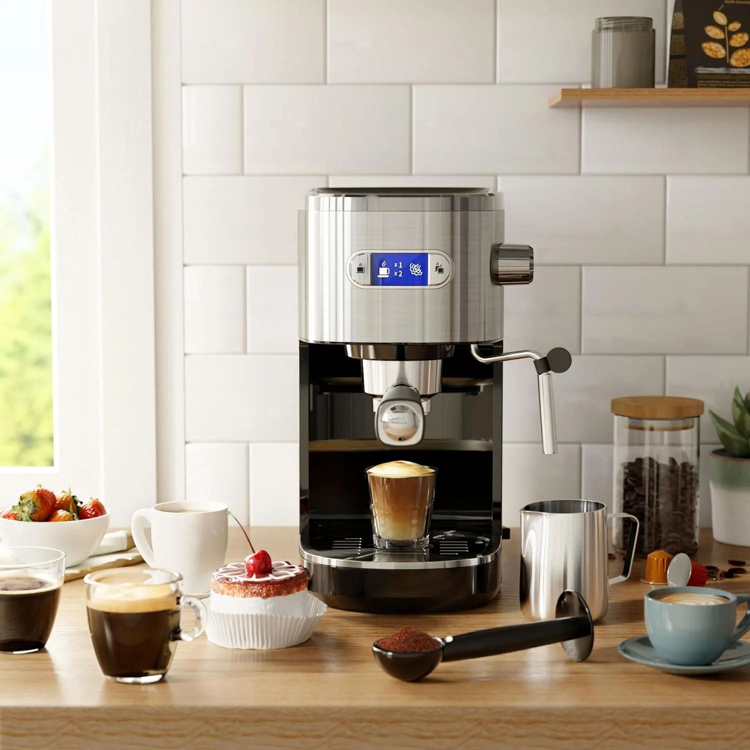 Espresso Machine 15 Bar, Semi-Automatic Coffee Maker with Bean Grinder and Milk Frother Steam Wand CM8050