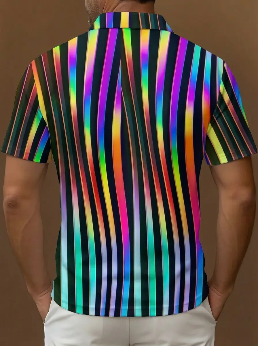 Black Rainbow Gradient Vertical Stripe Pattern Button Short Sleeve Golf Polo Shirt