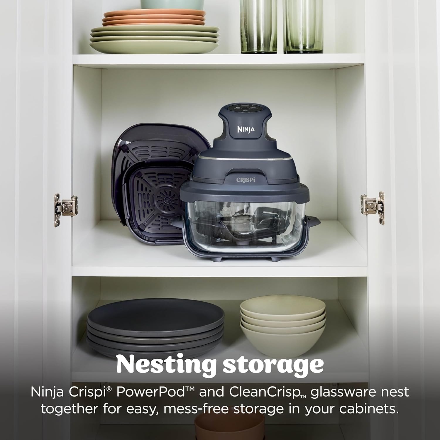 4-in-1 Glass Air Fryer | 450°F | Non-Toxic | 4QT & 6-Cup Glass Containers w/Lids | Microwave, Freezer, Dishwasher Safe | Max Crisp, Air Fry, Bake, Recrisp | Cyberspace Gray