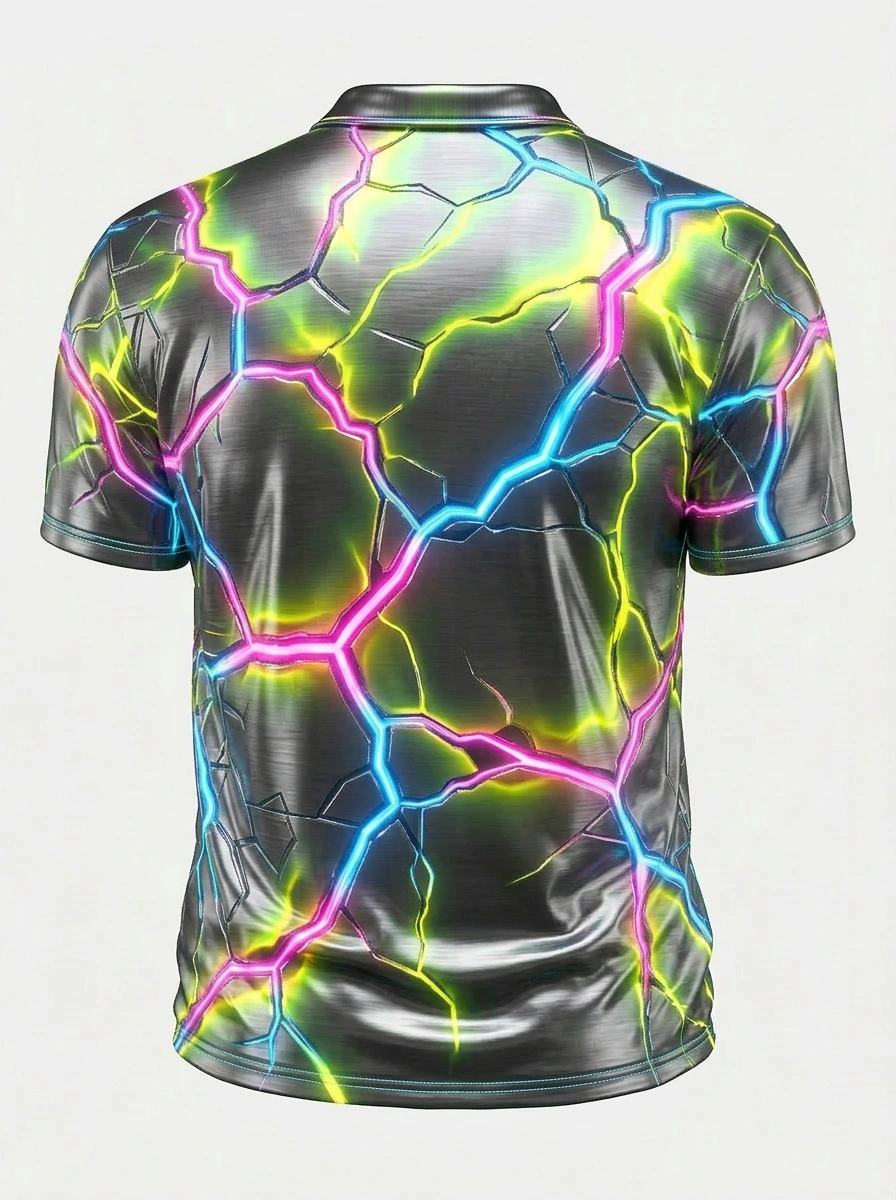 Moisture Wicking Golf Polo 3D Black Cracked Neon Lightning Button Short Sleeve Golf Polo Shirt