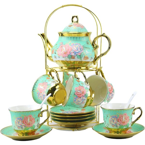 20 Pieces Porcelain Chinese Tea Set With Holder and Painting,Green