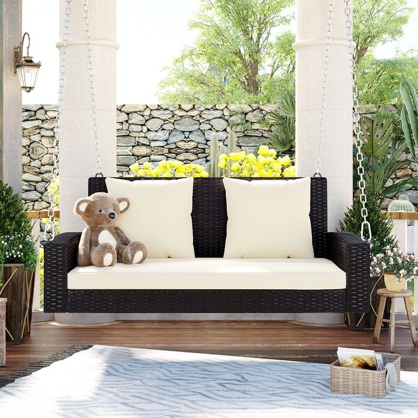 2Person Wicker Porch Swing,Modern Rocking Porch Swing with Chains Cushion Pillow Bench for Garden Backyard