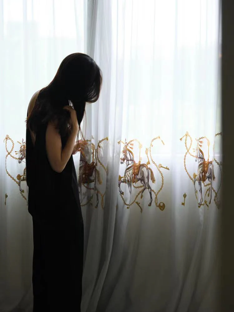 FS008 - Herm@s Dream of Paris / Three-Dimensional Embroidery Soft Light Sheer Curtains Translucent Living Room Bedroom Floor-to-Ceiling Curtains