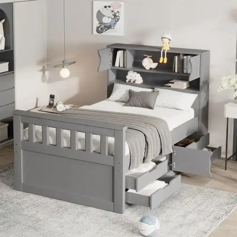 Twin/Full Captain Platform Bed with Integrated Storage – Four Drawers and Bookcase Headboard