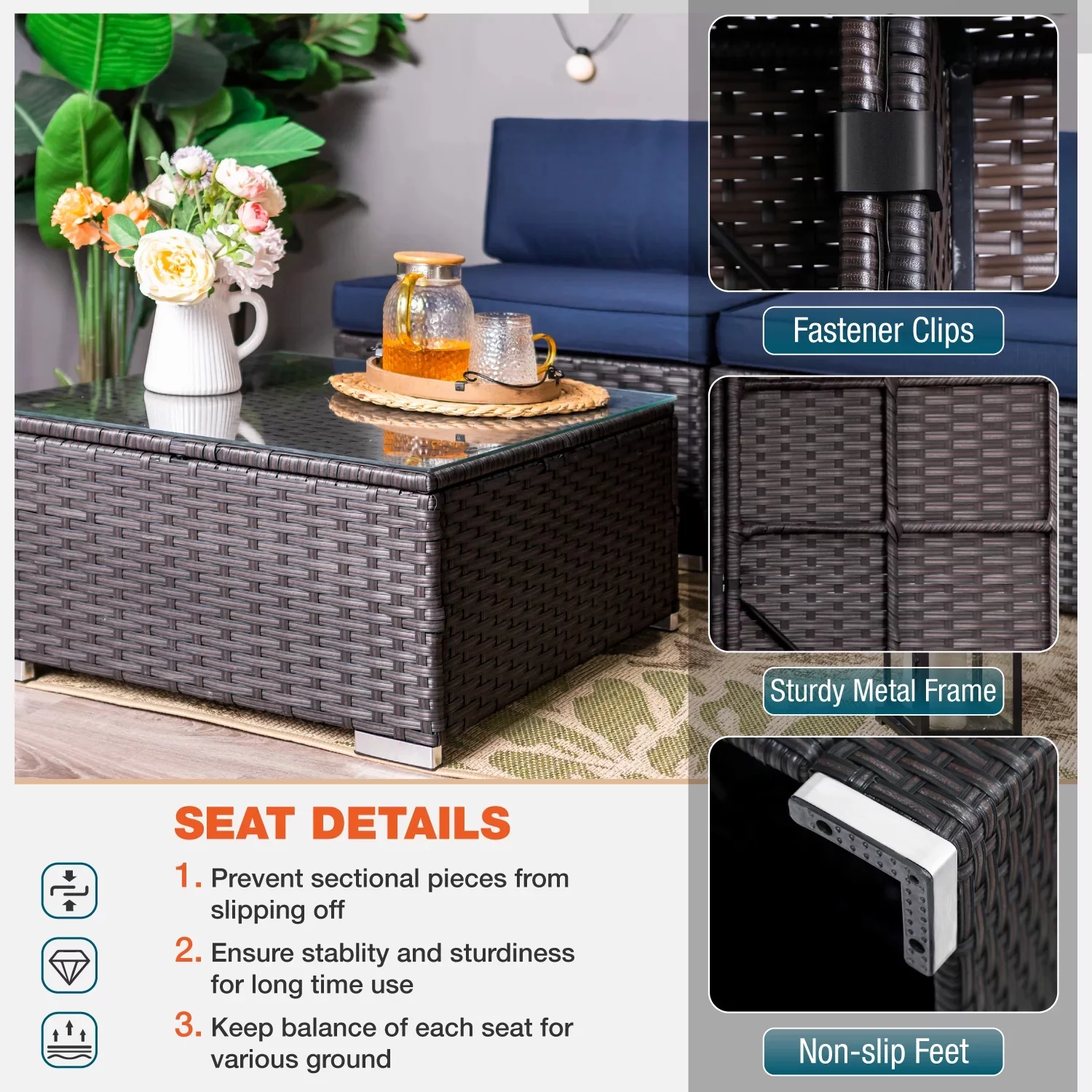 MF Studio 13 Pieces Outdoor Patio Furniture Set with 45-Inch Fire Pit Table Wicker Patio Conversation Set, Navy Blue