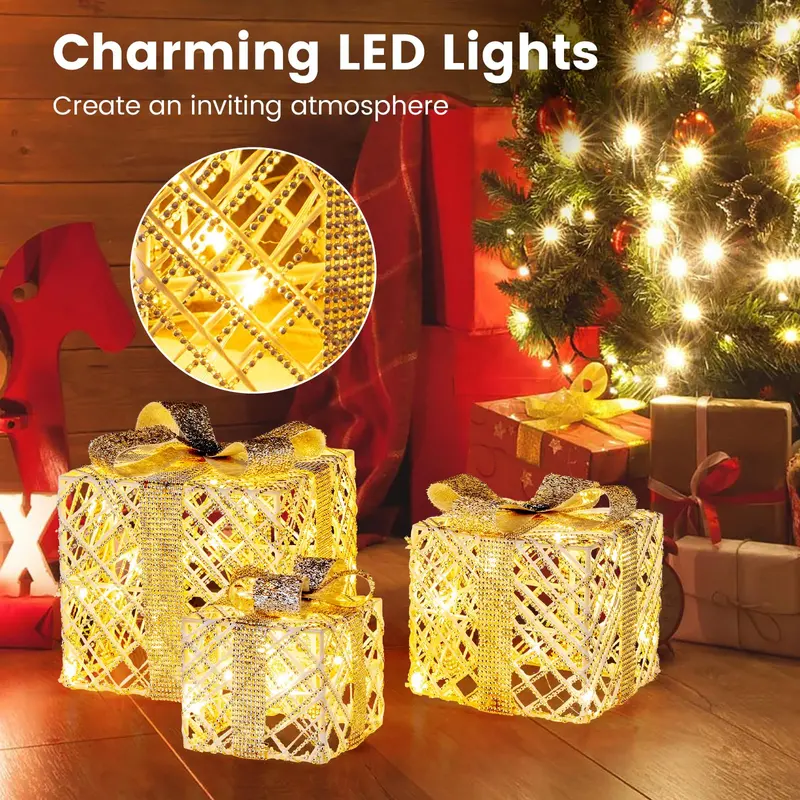 Set of Three Lighted Gift Box Ornaments — 90 LEDs Total, Festive Bow Accents for Indoor or Outdoor Use