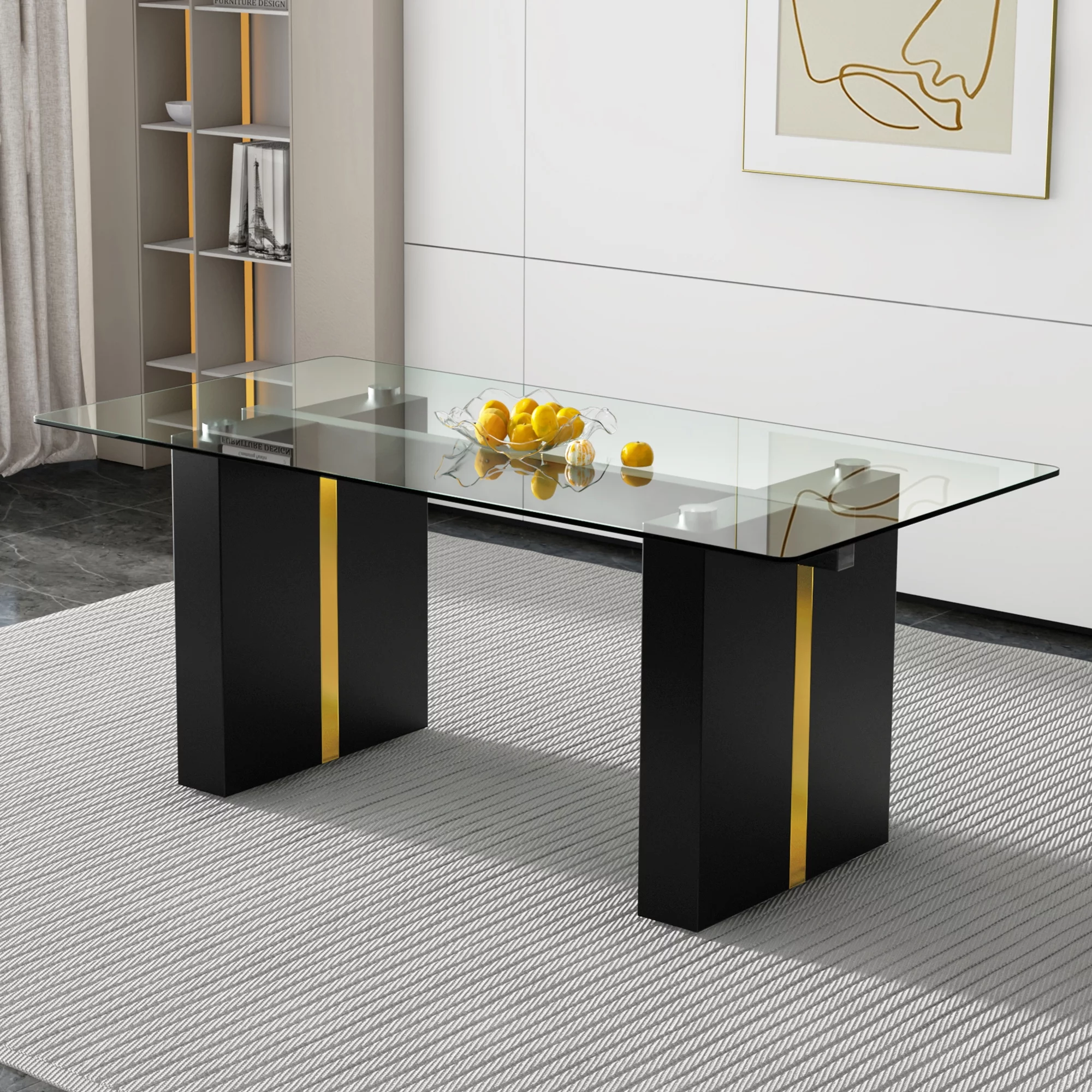 Large modern simple rectangular glass table, which can accommodate 6-8 people, equipped with 0.39-inch tempered glass table top and large MDF table legs, used for kitchen, dining room, living room
