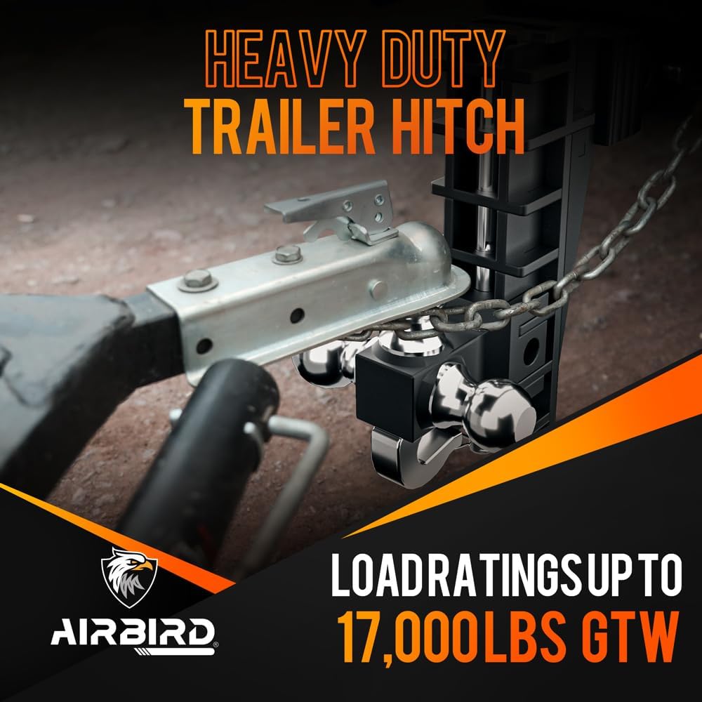 Adjustable Trailer Hitch Fits 2-Inch Receiver, Heavy Duty Tow Hitches (17000 LBS GTW) 6 Inch Drop Truck Hitch Tri-Ball Mount with Hook (1-7/8