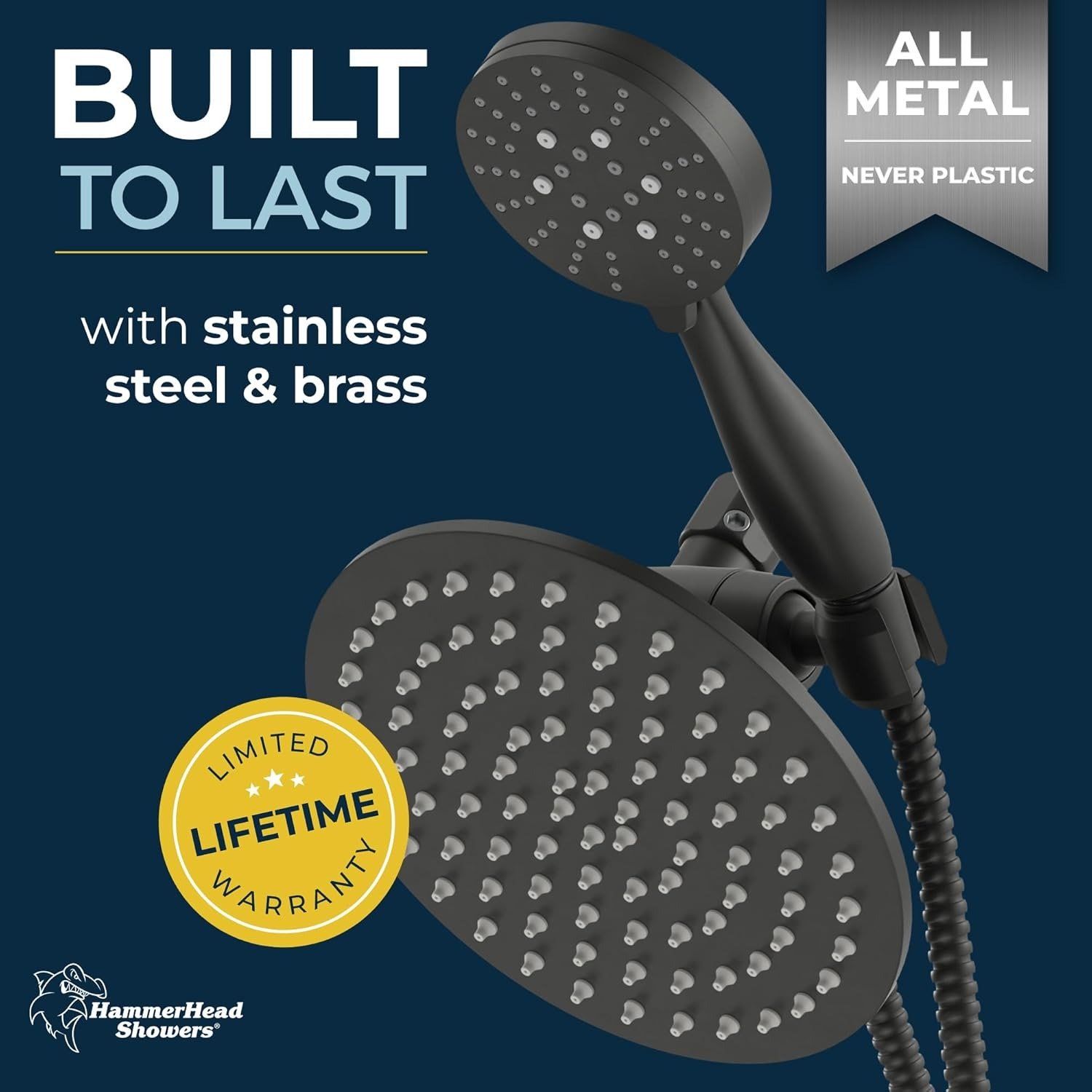 Dual Shower Head Combo, 8-Inch Rainfall + 3-Spray Handheld, Matte Black High Pressure